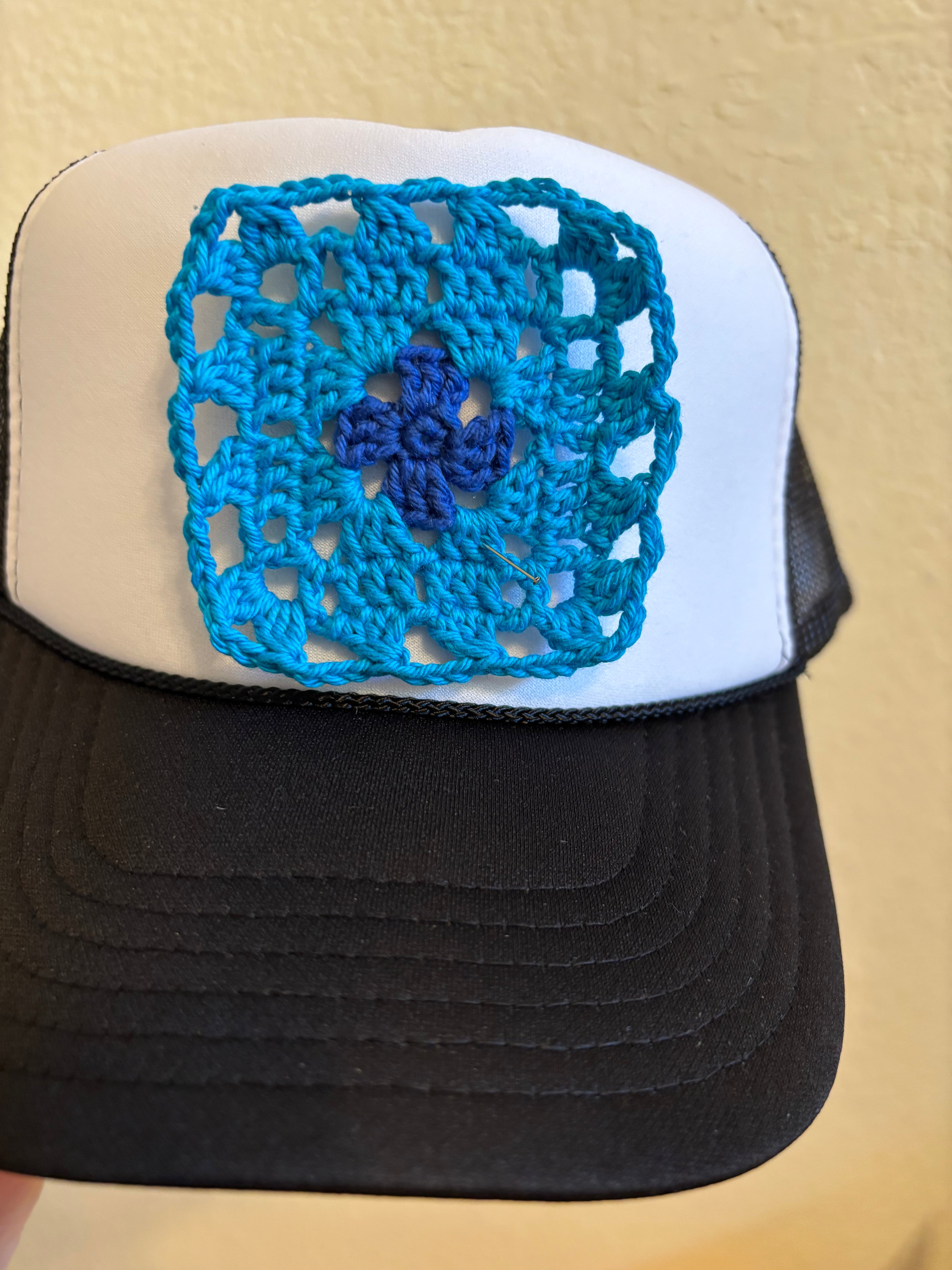Blue on Blue Crochet and Black Trucker Hat