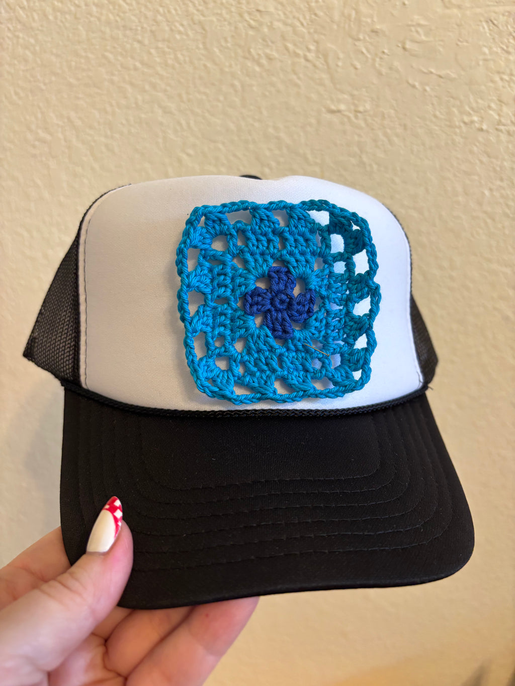Blue on Blue Crochet and Black Trucker Hat
