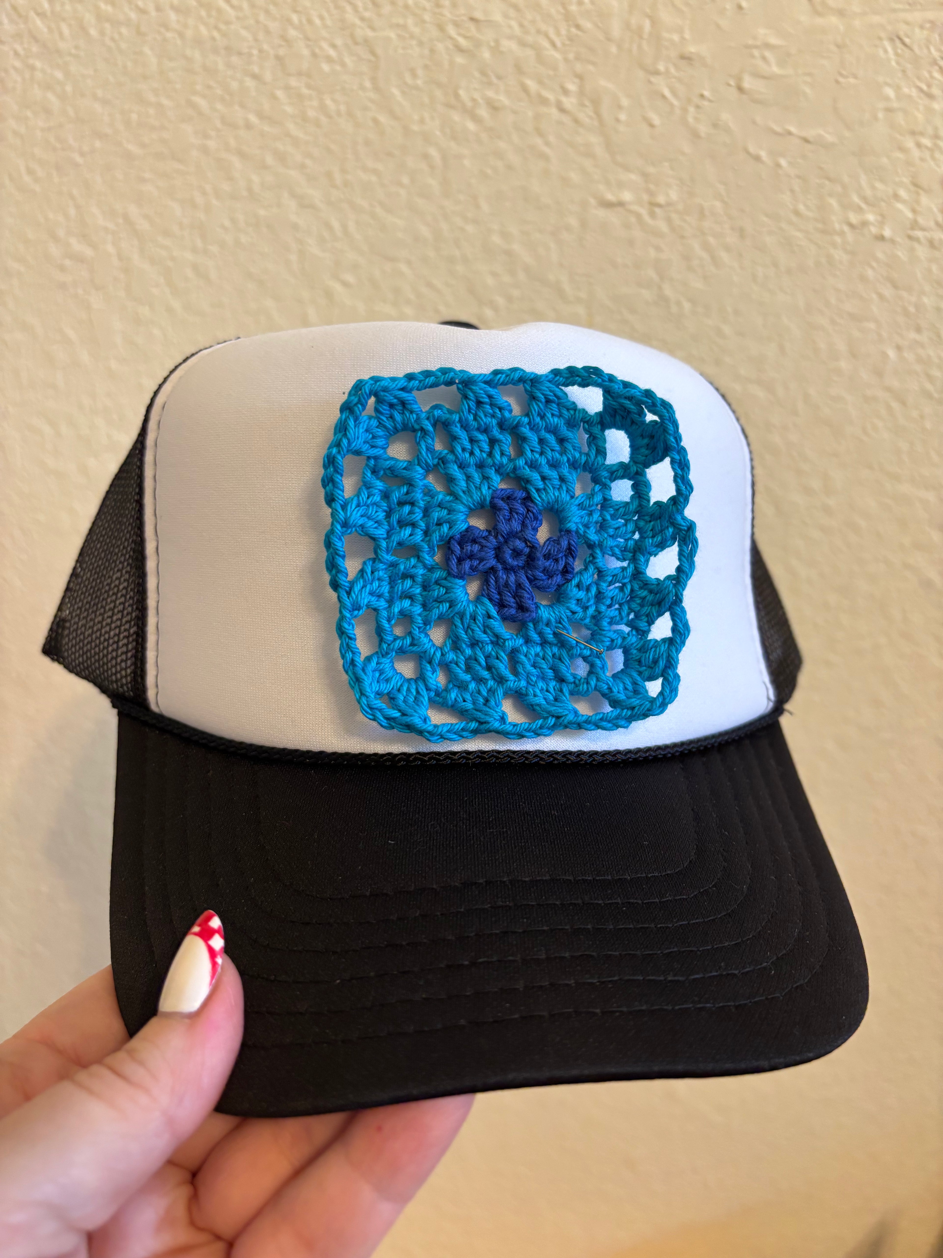 Blue on Blue Crochet and Black Trucker Hat
