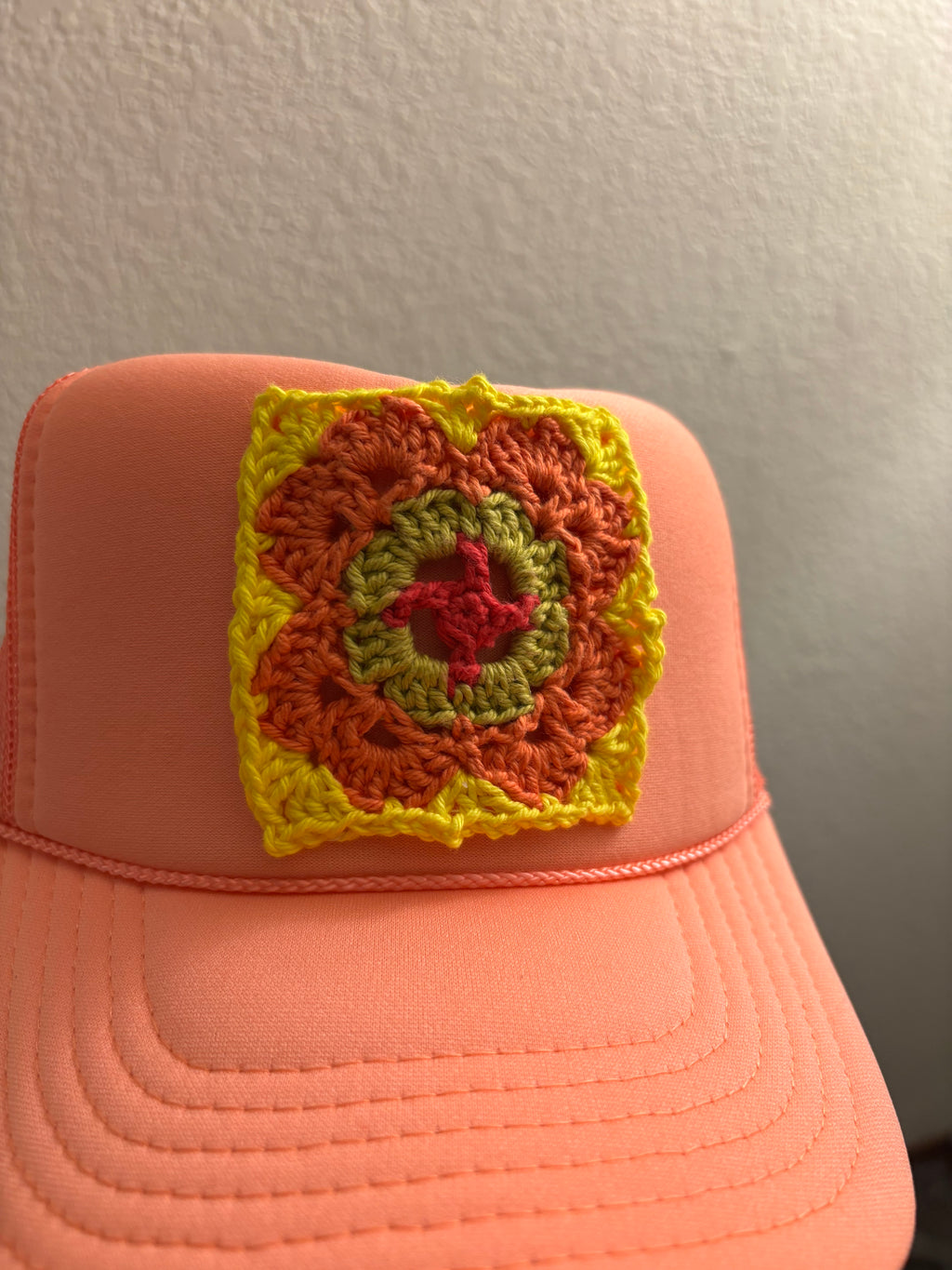 Golden Crochet on Salmon Peachy Trucker Hat