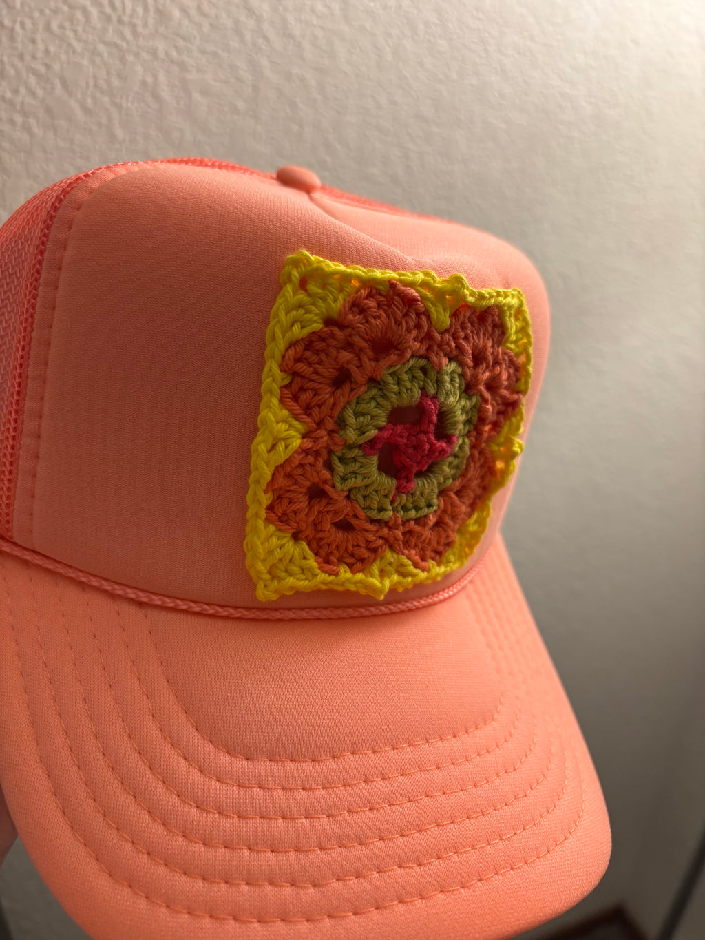 Golden Crochet on Salmon Peachy Trucker Hat