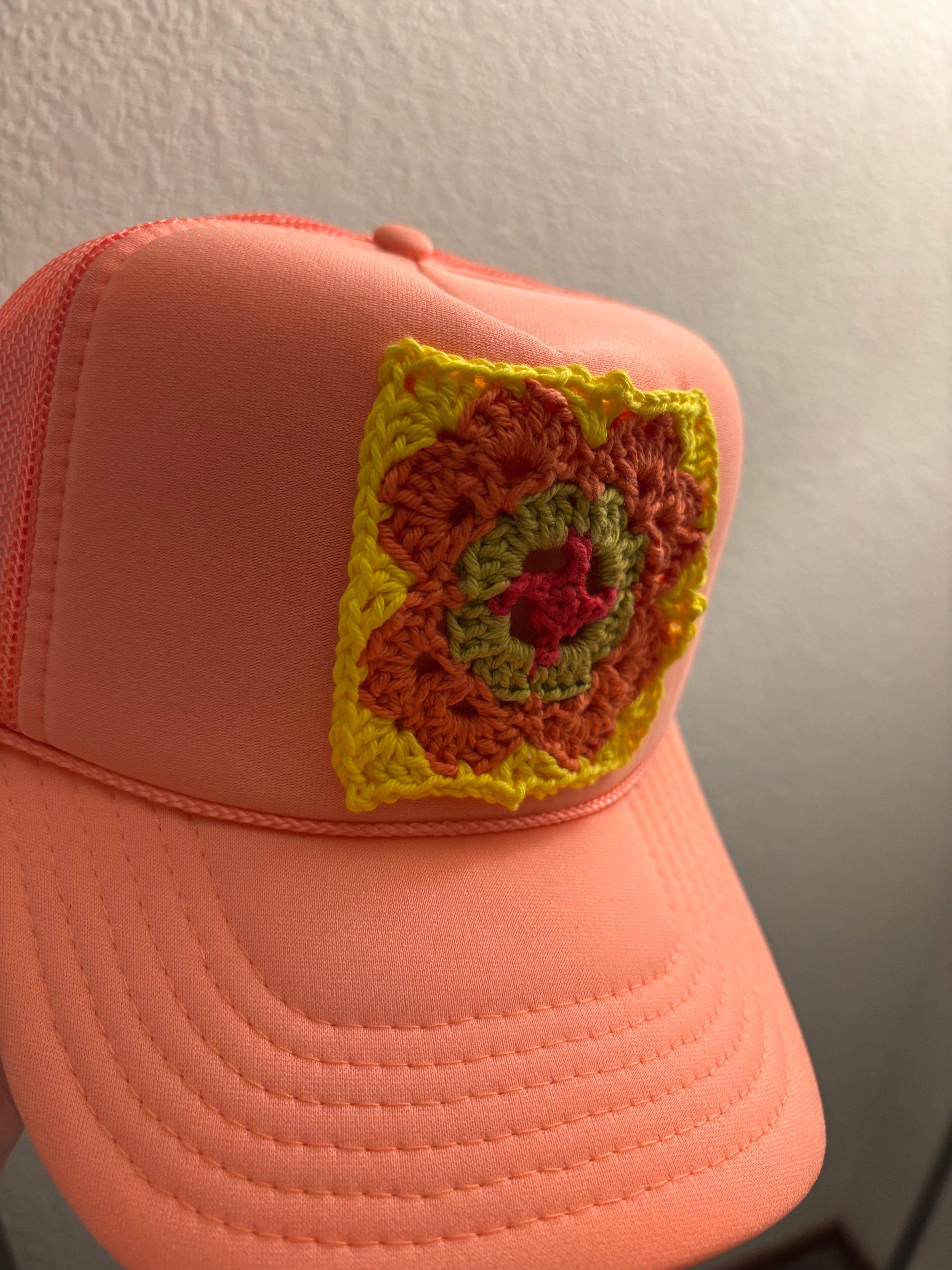 Golden Crochet on Salmon Peachy Trucker Hat