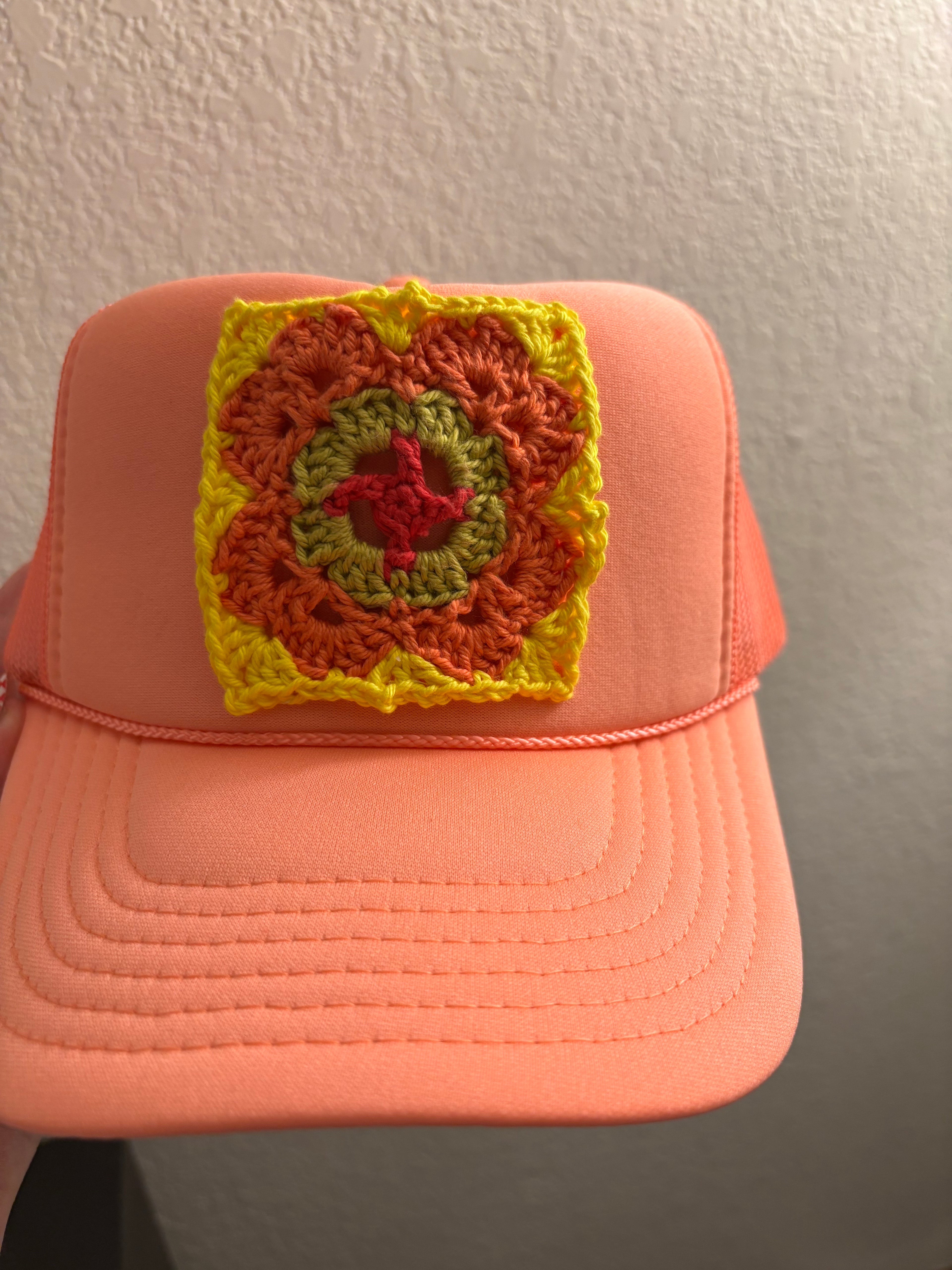 Golden Crochet on Salmon Peachy Trucker Hat