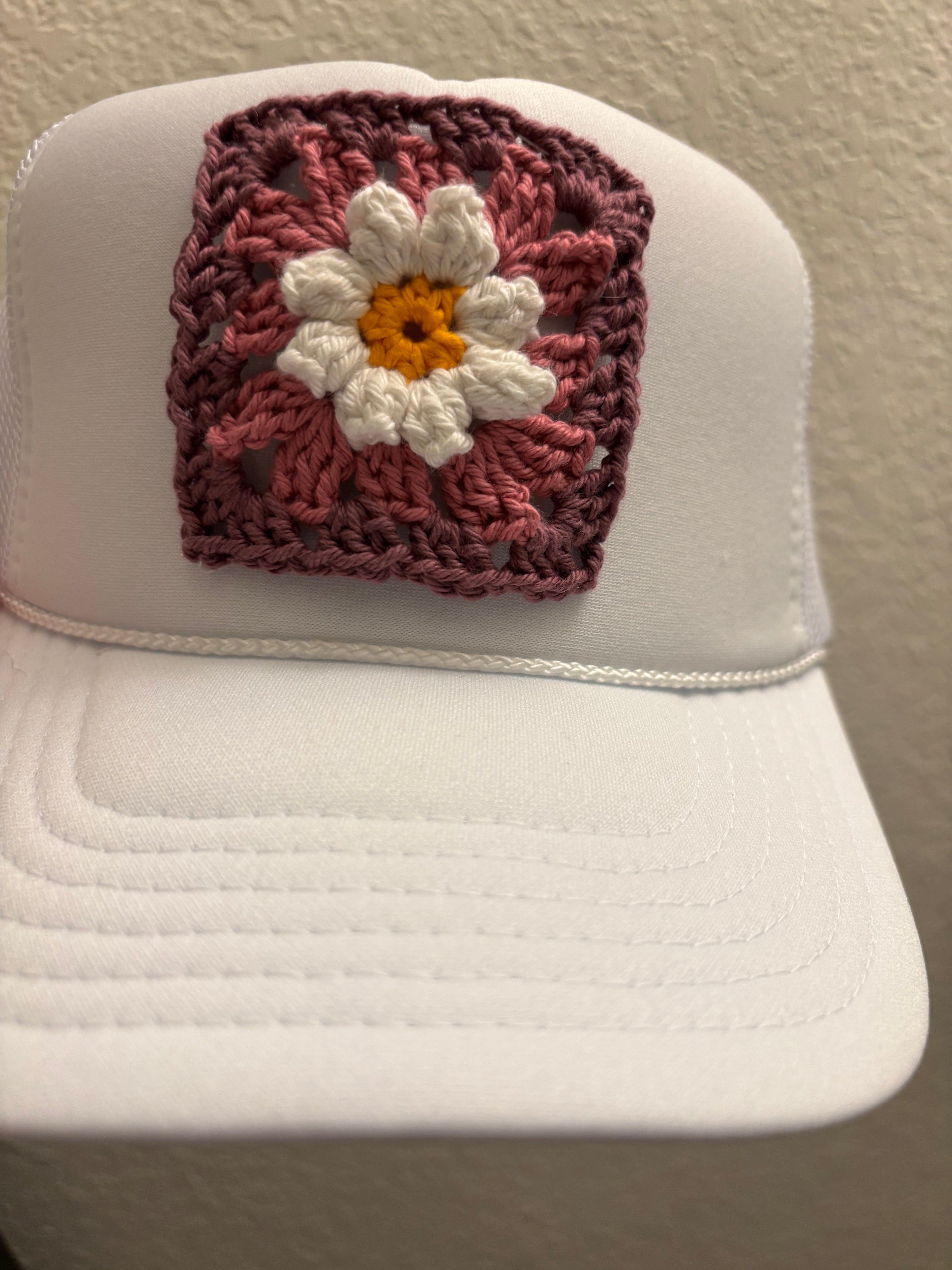 Daisy Crochet on White Trucker Hat