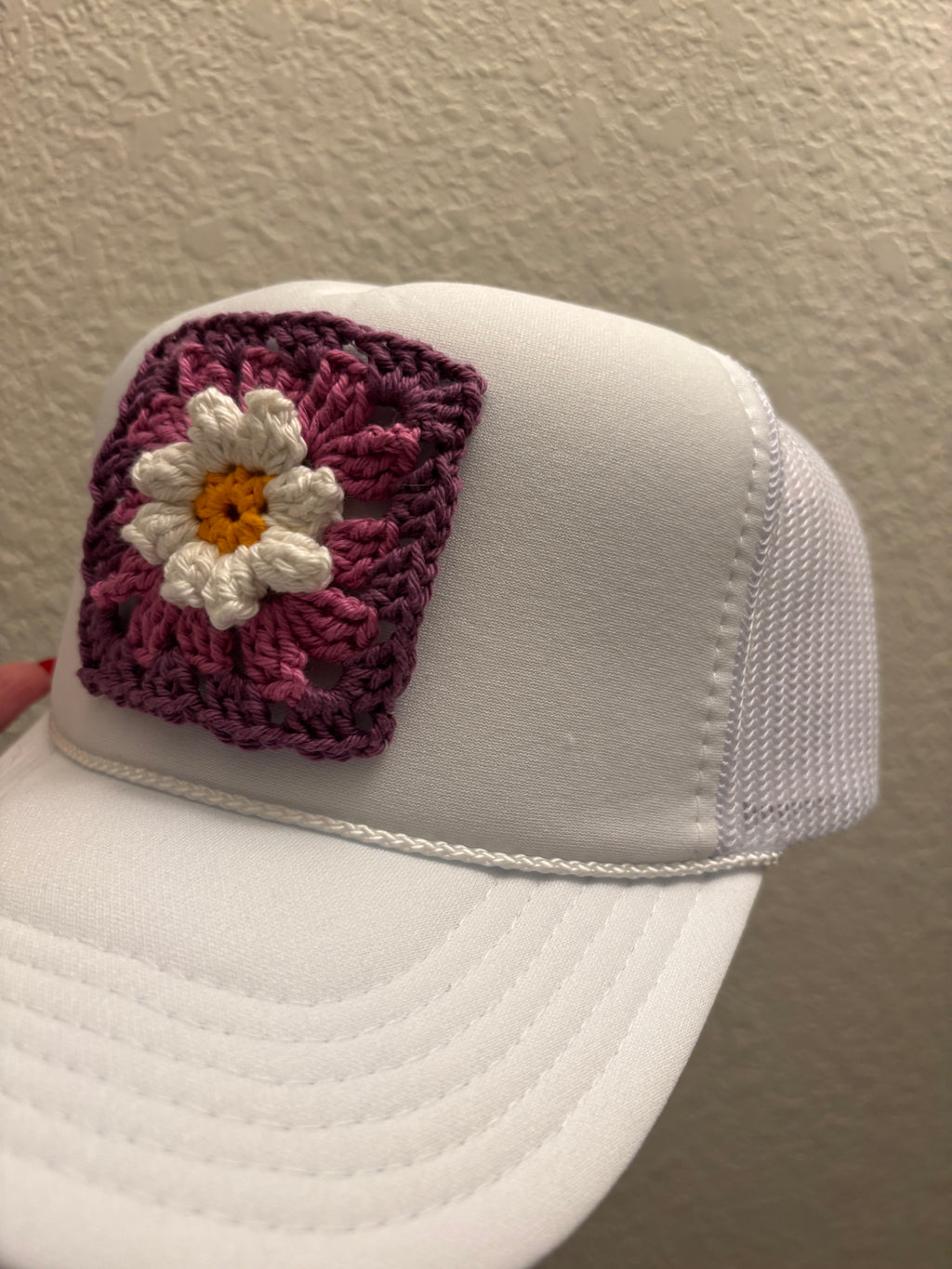 Daisy Crochet on White Trucker Hat