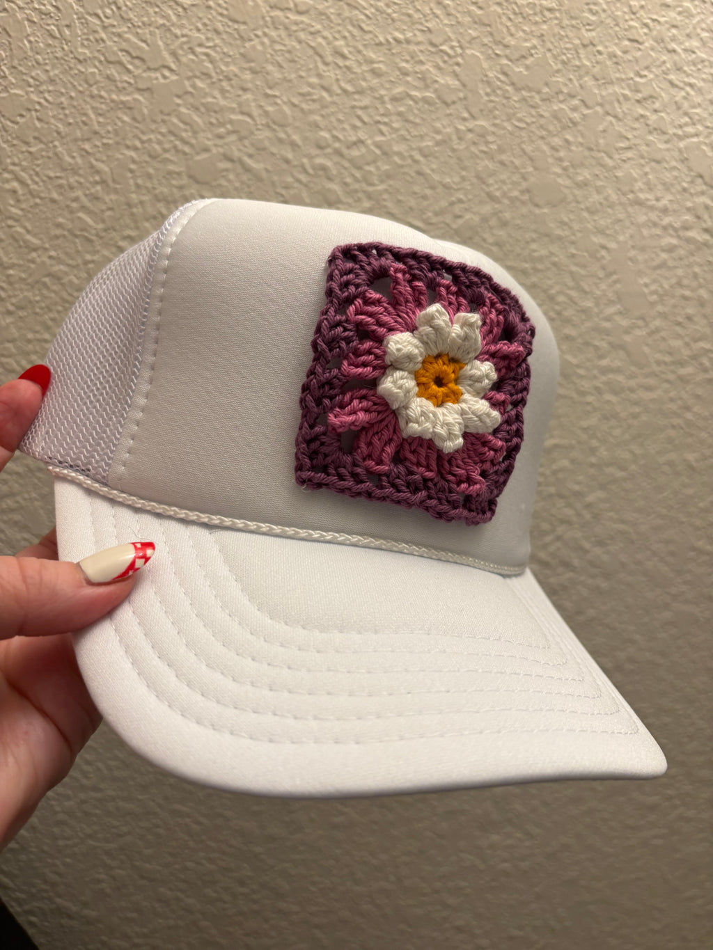 Daisy Crochet on White Trucker Hat