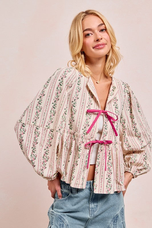 FLORAL PRINTED WOVEN TOP WITH BALLOON SLEEVES and BOWS